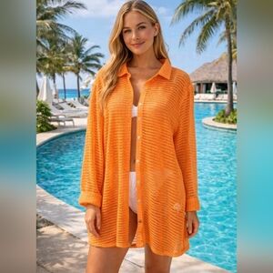 Haute Hippie Open Crochet Knit Button-Up Tunic XL Tangerine Color EUC Resortwear